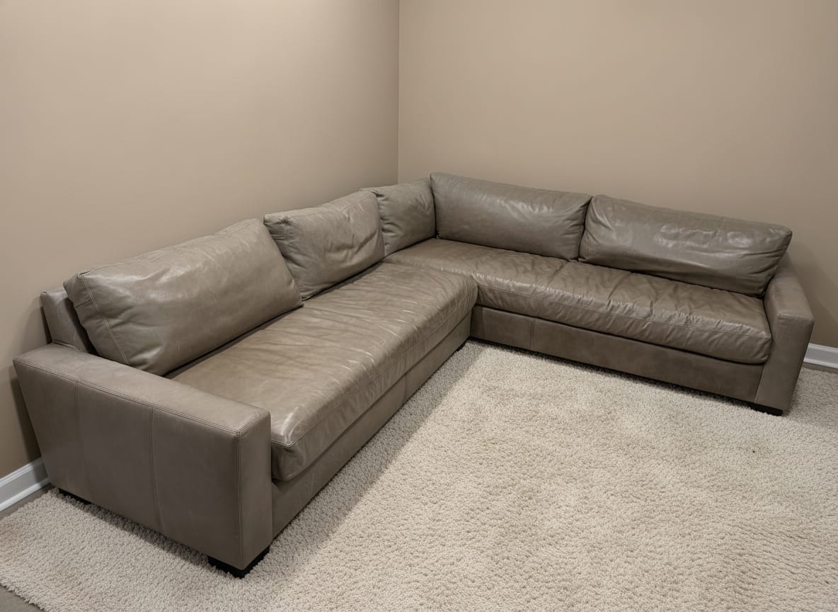 Gray leather Maxwell sectional from another angle