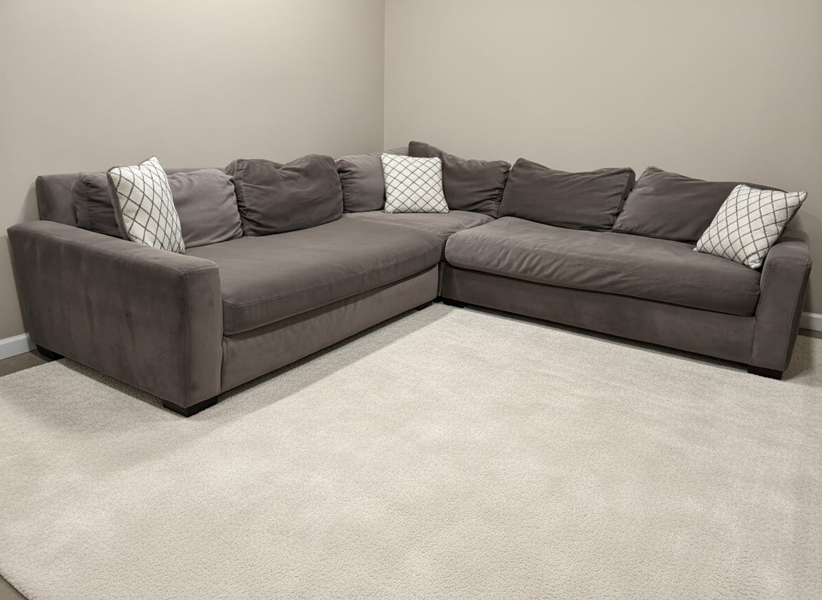 RH Maxwell Luxe L-sectional in gray, full view