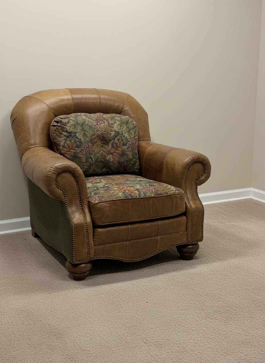 Clayton Marcus club chair tapestry cushion detail